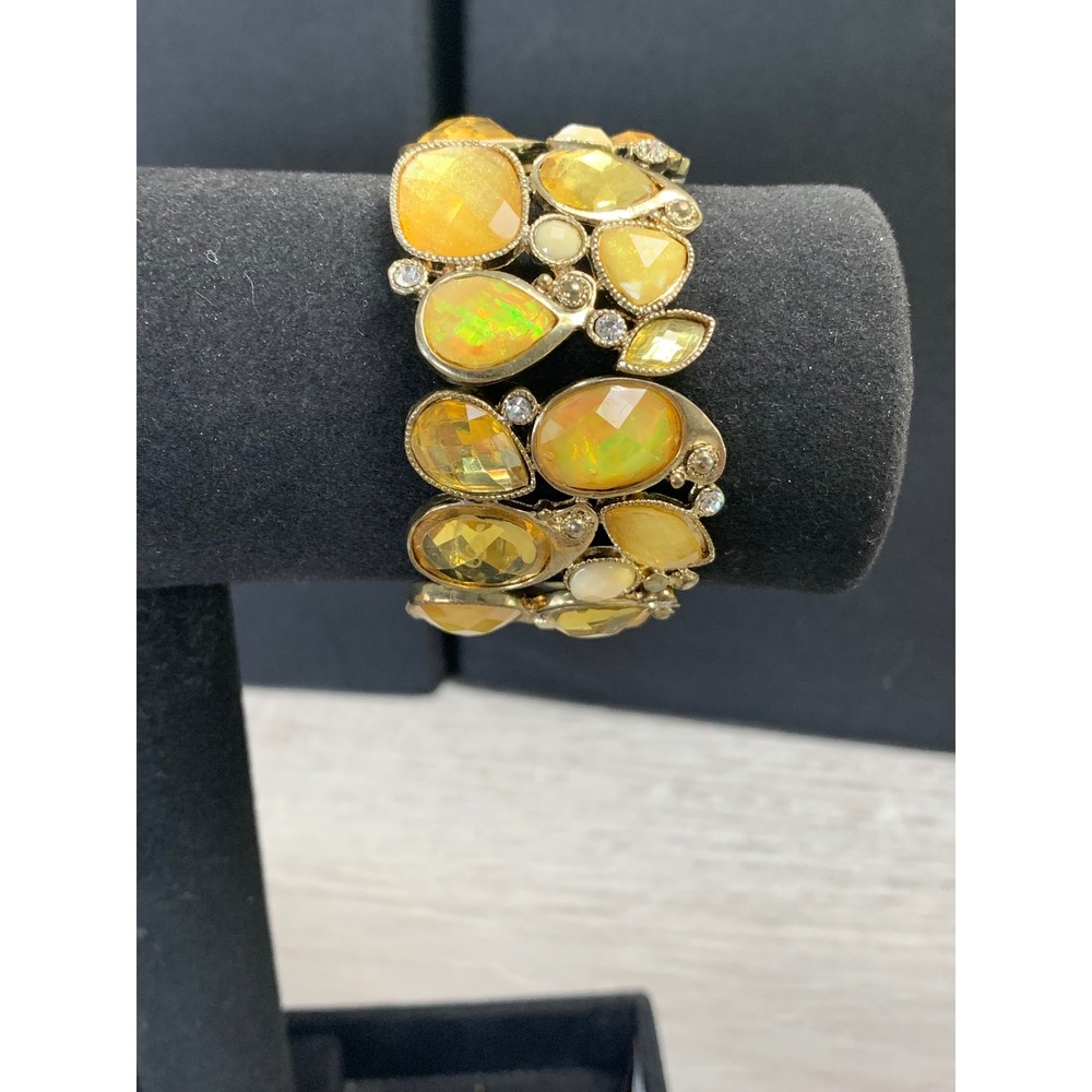 Yellow Amber Toned Statement Stretch Bracelet Faux Opal Rhinestone Gold Tone 7in